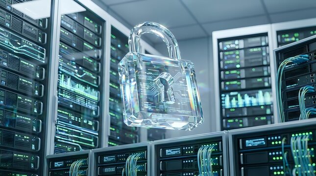 Transparent digital padlock floating in modern server room with glowing blue data streams, representing cybersecurity and network protection technology.