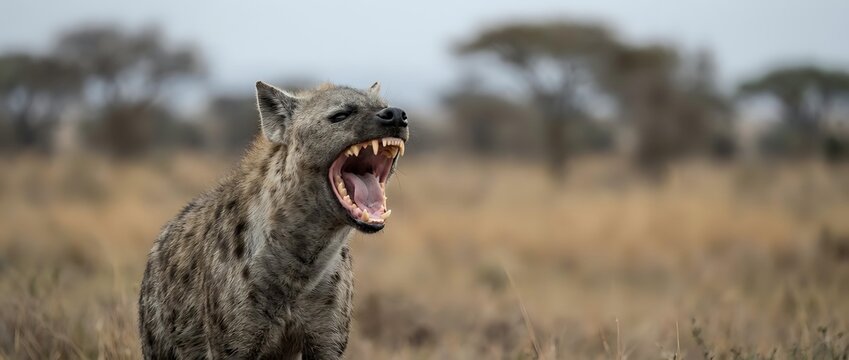 Spotted hyena baring teeth and snarling in African savanna grassland with acacia trees in background during golden hour wildlife photography.