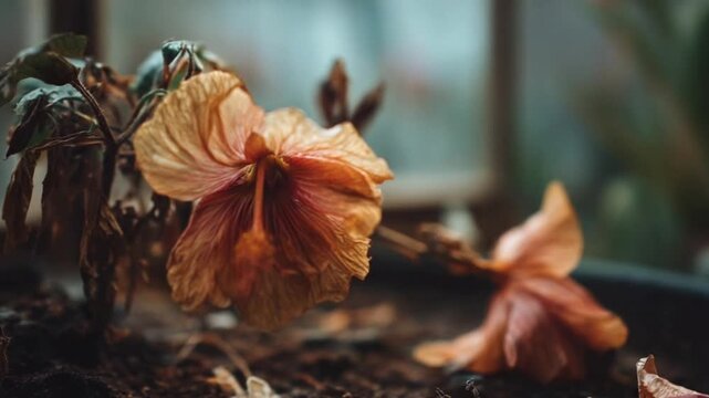 Fading beauty a close-up of a dried flower in a pot with withered leaves
