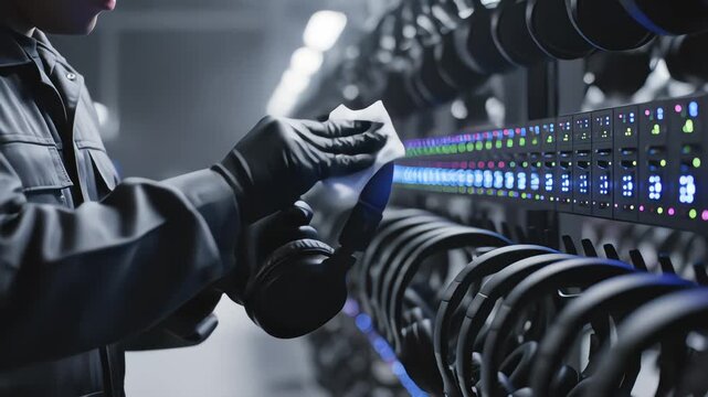 Technician wearing black gloves cleaning professional headphones with a microfiber cloth in a high-tech storage rack