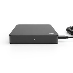 Black External Hard Drive Connected USB Cable Isolated White Background Side View