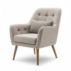 Fototapeta premium Elegant beige tufted armchair with wooden legs and a textured cushion.