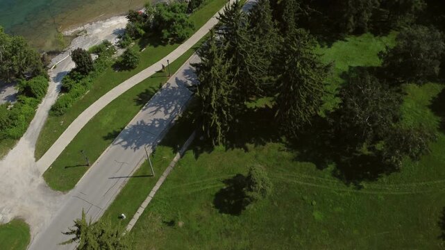 The north shore of Lake Erie at Fort Erie, Ontario, Canada, looking down the waterfront by an aerial from above the shallow waters.