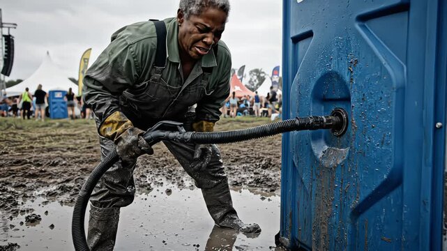 Exhausted older female sanitation worker cleaning a portable toilet with a vacuum hose at a muddy outdoor festival
