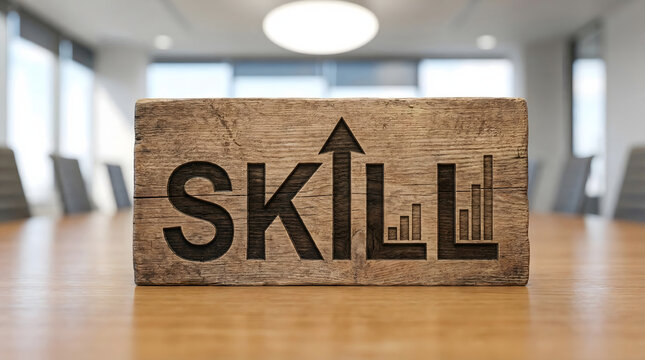 Rustic wooden block with carved text SKILL featuring an upward arrow for I and a rising bar graph for LL on a polished conference table in a bright mo