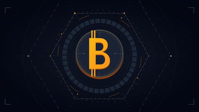 Bitcoin logo on dark background.