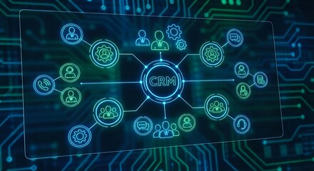 Fototapeta premium Digital CRM customer relationship management system with glowing network icons on futuristic circuit board background for business technology solutions.