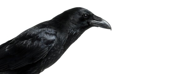 Obraz premium Black raven bird portrait isolated on white background showing detailed feathers and beak for wildlife photography and nature design projects.