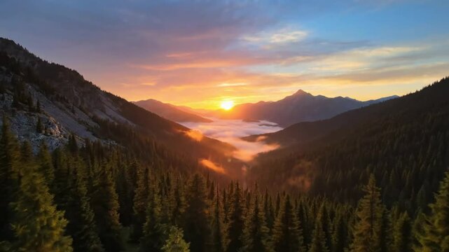 Epic sunrise over mountain valley with golden light and misty clouds rolling through the peaks of trees