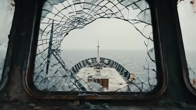POV camera movement through the broken window of an abandoned ship wheelhouse revealing the bow and open ocean