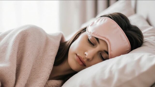 Peaceful young woman sleeping soundly in bed with a pink eye mask