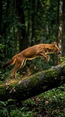 Obraz premium Red fox leaping over fallen log in dense forest habitat showcasing natural wildlife behavior and agility in woodland environment.