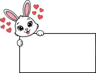 Obraz premium Cute white bunny holding a blank sign with floating red hearts