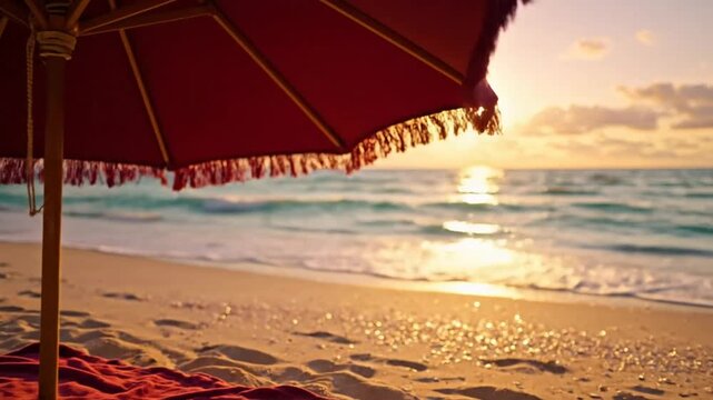 Beach scene with crimson parasol overlooking the ocean as the sun sets over the horizon creating a serene atmosphere