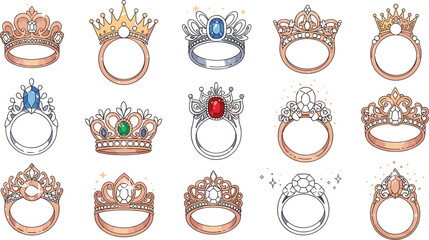 Set of elegant princess crown and tiara ring vectors with sparkling gemstones and ornate gold filigree details in a hand drawn decorative style isolated on white background. © MdGohurul