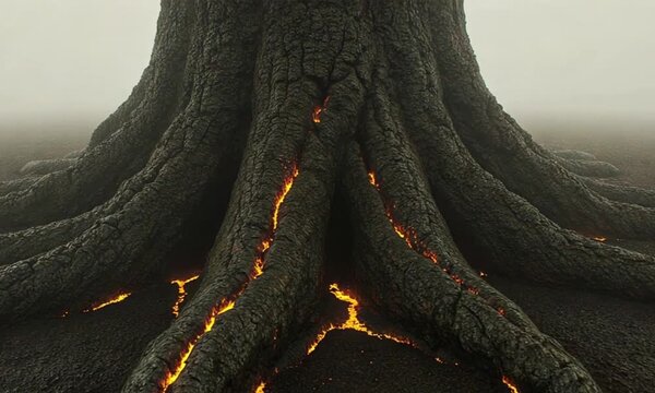 Ancient Tree Roots Glowing with Fiery Cracks in a Mystical Foggy Landscape