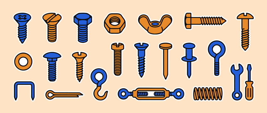 Assortment of Mechanical Fasteners: A comprehensive array of mechanical fasteners, presented in a neatly organized collection, each component crafted to precision. Highlighting the detail of screws.