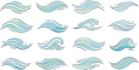 Set of hand drawn ocean wave vectors with blue and turquoise water ripples and sea foam elements in a stylized decorative line art style isolated on white background.
