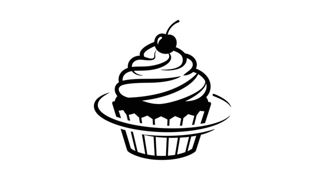 Black and White Cupcake Icon with Cherry on Top, Vector Illustration
