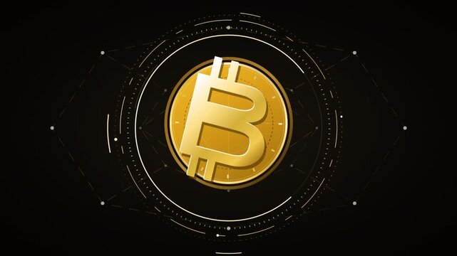 Golden Bitcoin on black background.