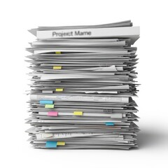 Tall Stack of Documents with Project Name and Colored Sticky Notes Isolated on White Background