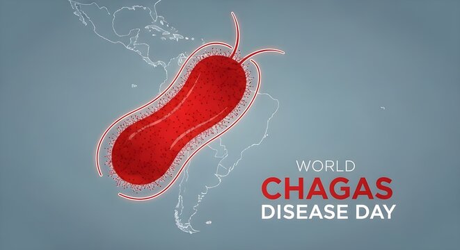 World chagas disease day illustration showing a red trypanosome parasite over a map of the americas, highlighting disease spread, vector borne, global health