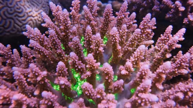 Vibrant Pink Staghorn Coral with Green Polyps Underwater Reef Marine Life