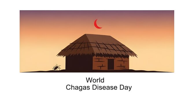 World chagas disease day vector illustration with traditional hut and crescent moon at sunset, representing endemic areas and health awareness, public health