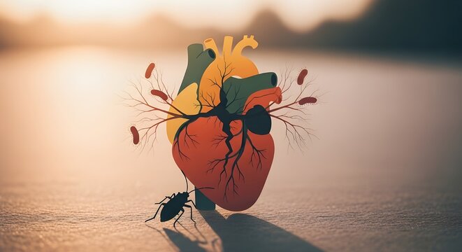 Stylized human heart with a kissing bug and pathogens, representing chagas disease awareness at sunset, blood cell, medical illustration, health awareness, trypanosoma cruzi
