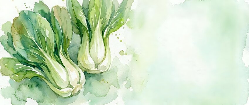 Fresh green bok choy vegetables painted in soft watercolor style on light background for healthy cooking and organic food concepts.