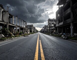 Fototapeta premium A road bisects a desolate urban landscape under a dramatically ominous, stormy sky
