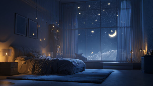 dreamy bedroom with glowing crescent moon and hanging stars above bed, surreal night bedroom scene with moon and stars decoration over cozy bed, magical bedtime background with moonlight stars and sof