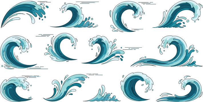 Set of stylized blue ocean wave vectors with curling crests and water splashes in a flat cartoon style isolated on white background for marine designs and summer surfing themes.