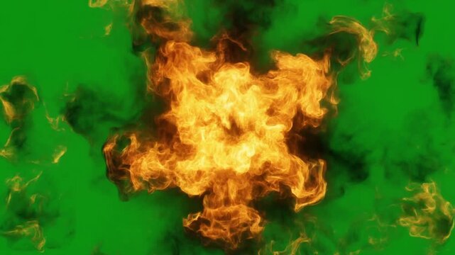 A large fire burns intensely in a green environment with flames spreading rapidly outward.