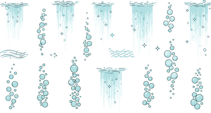 Collection of stylized underwater bubble vectors and light rays with blue water columns and fizzy liquid droplets isolated on white background for marine designs.