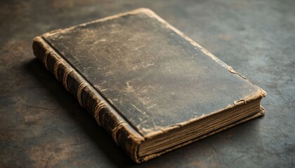 Obraz premium Old leather book with worn cover resting on dark wooden surface vintage knowledge history education antique literature