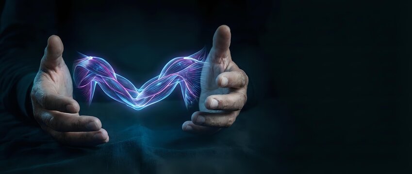 Two hands creating magical purple energy lightning between palms on dark background for fantasy design projects and digital art concepts.