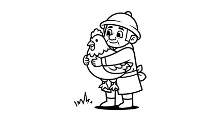 Obraz premium Farmer Hugging Chicken, Farm Animal, Rural Life, Cartoon Style
