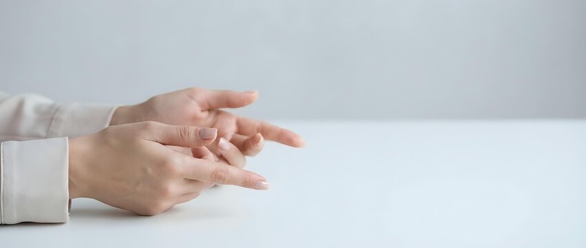 Professional businesswoman hands gesturing during presentation or meeting on clean white desk surface for corporate communication concepts.