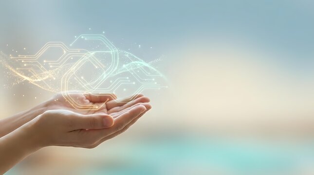 Cupped hands presenting glowing digital cloud computing network with connected nodes and data streams against soft gradient background for technology concepts.
