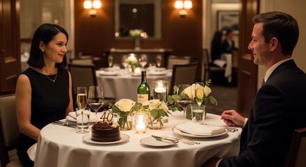 Couple sitting at a candlelit dinner table in a restaurant with white tablecloth, wine, and chocolate cake.