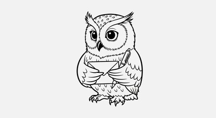 Obraz premium Cute Cartoon Owl Holding Letter and Pen, Black and White Illustration