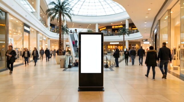 Blank digital display screen in a bright modern shopping mall with blurred shoppers and retail stores offering clear copy space for various advertisem