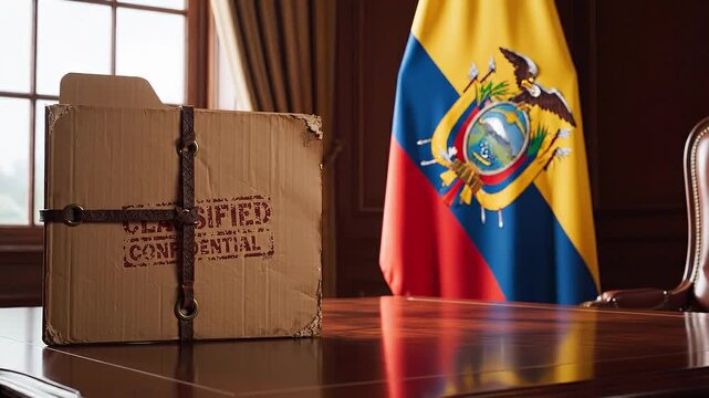 Classified manila folder with leather string on a mahogany desk; national flag of Ecuador on a ceremonial pole, symbolizing official government authority.