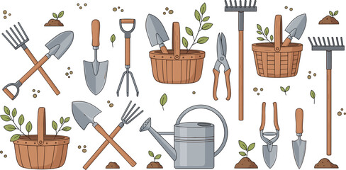 Large collection of garden tool vectors including shovels rakes watering can and baskets with plants in a rustic hand drawn style isolated on white background. © MdGohurul