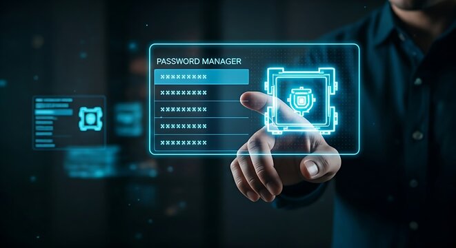 Password manager security concept. A hand over a holographic digital vault that, when touched, reveals a list of encrypted passwords.