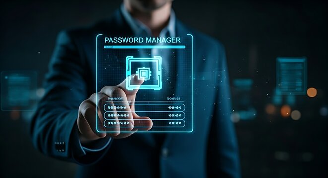 Password manager security concept. A hand over a holographic digital vault that, when touched, reveals a list of encrypted passwords.