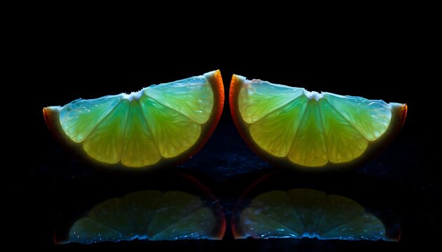 Glowing Neon Lime Wedges Reflected on Dark Surface