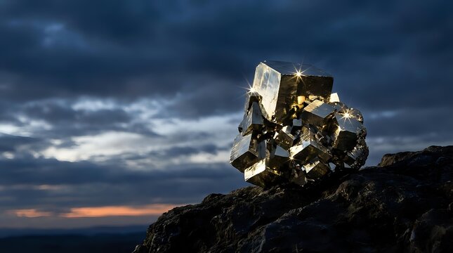 Golden pyrite mineral crystal formation on rocky surface against dramatic stormy sky at sunset for geology education and natural science materials.