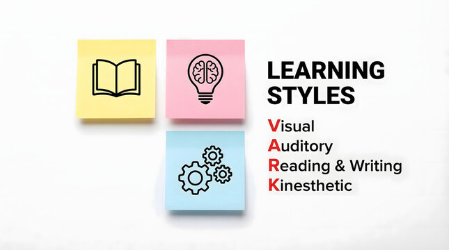 VARK Learning Styles presented with colorful sticky notes and icons representing visual auditory reading writing and kinesthetic educational methods o